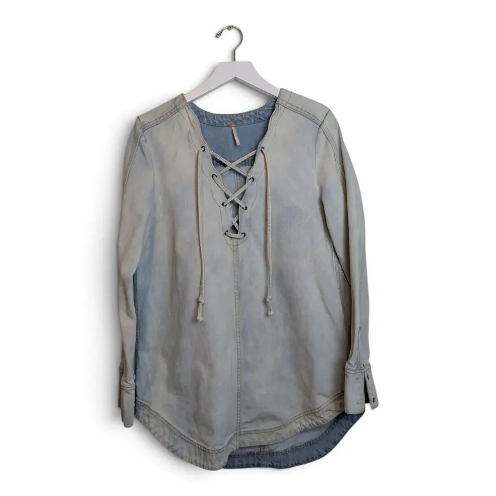 FREE PEOPLE Indigo Lace-Up Tunic Denim 100% Cotton - Small